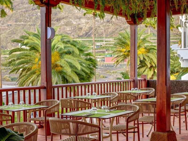Covered terrace with tables and chairs, view of palm trees and mountains in the background.