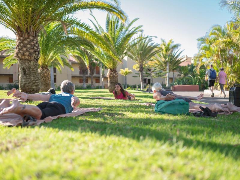 Menschen entspannen auf grüner Wiese zwischen Palmen vor einem Hotel bei Sonnenlicht.