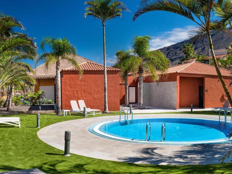 Rond zwembad in tuin met ligstoelen en palmbomen tegen bergen onder heldere lucht.
