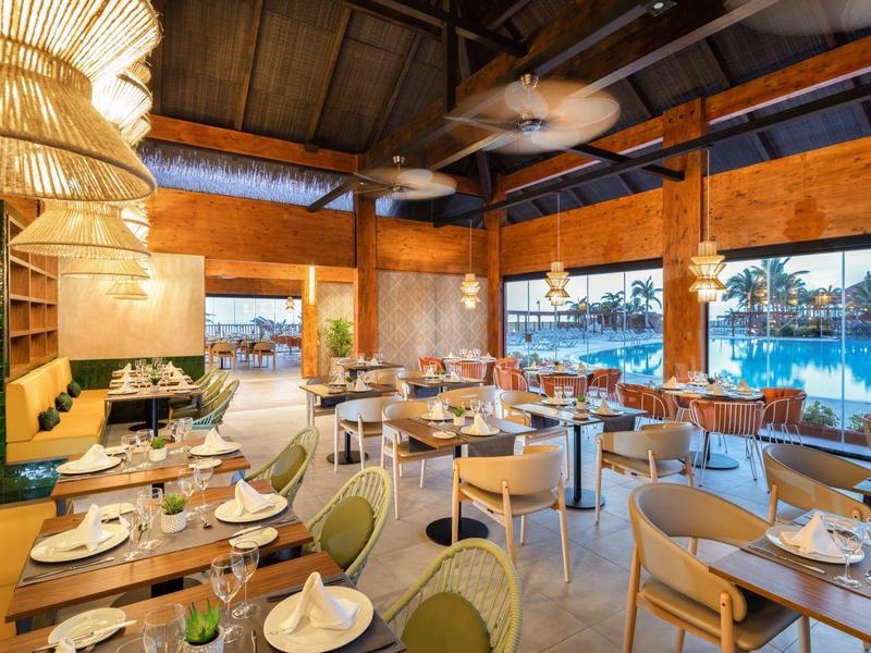 Licht restaurant met houten dak en grote ramen met uitzicht op water