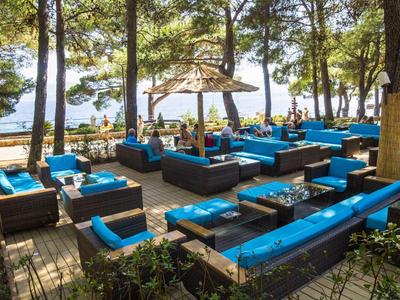 Outdoor area with blue sofas and tables under trees near water