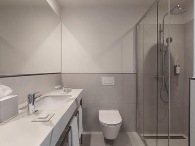 Modern bathroom with walk-in shower, toilet, and sink with large mirror.