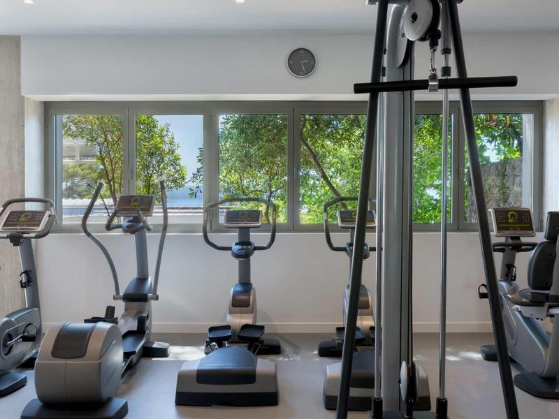 Fitnessraum mit verschiedenen Trainingsgeräten vor großen Fenstern mit Blick auf grüne Bäume.