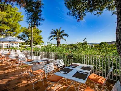 Terrasse mit weißen Tischen und Stühlen, umgeben von Bäumen und Blick auf Palmen im Sonnenschein.