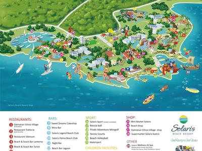 Karte von Solaris mit Hotels, Restaurants, Stränden, Shops und Freizeitangeboten in bunten Symbolen.