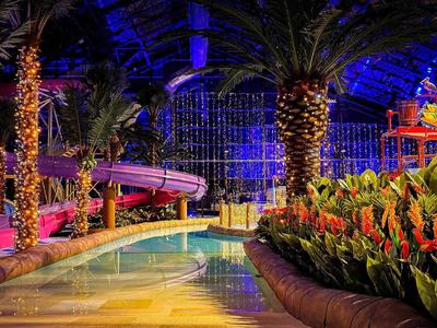 Innenpool mit Palmen, farbiger Beleuchtung und üppigen Pflanzen im Hotel-Resort.