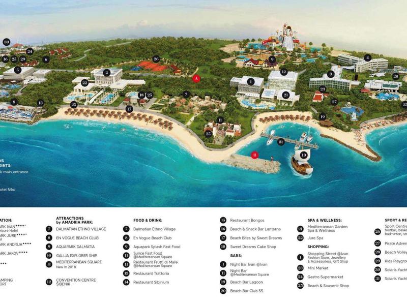 Inselresort mit Stränden, Villen, Pools und Restaurants, umgeben von türkisblauem Meer.