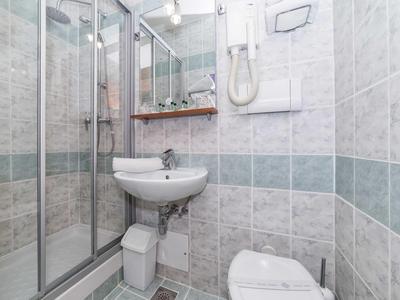 Mała łazienka z prysznicem, umywalką, toaletą i suszarką do włosów w pokoju hotelowym.