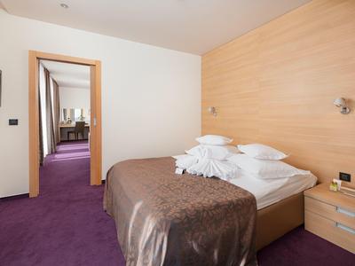 Modern hotelkamer met tweepersoonsbed, paarperig tapijt en zicht op een andere kamer.