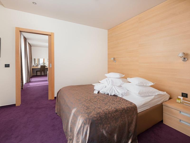 Modern hotelkamer met tweepersoonsbed, paarperig tapijt en zicht op een andere kamer.