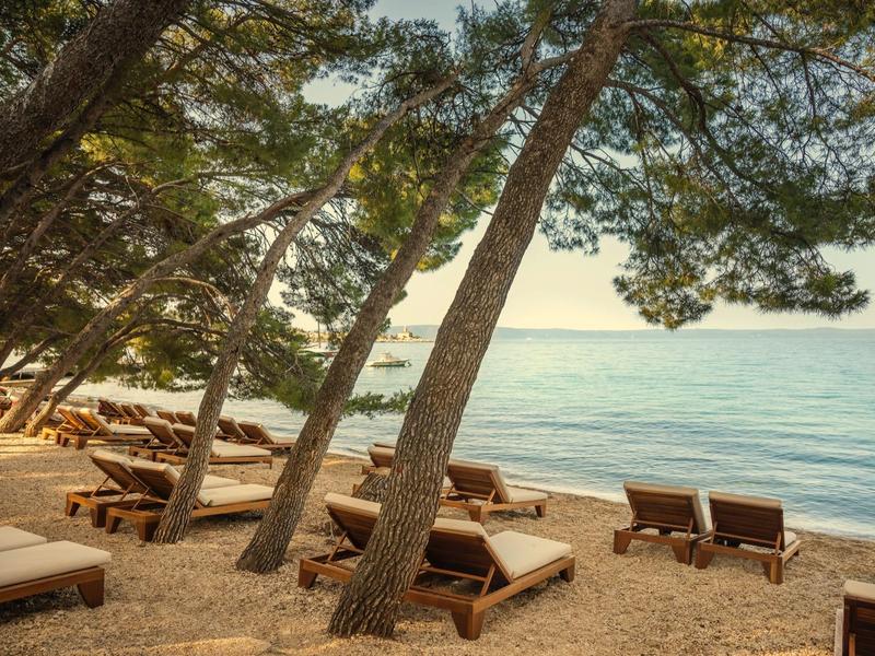 Strand mit Sand, Kiefern und Holzmöbeln, darunter Sonnenliegen, bei ruhigem Meer und klarem Himmel.
