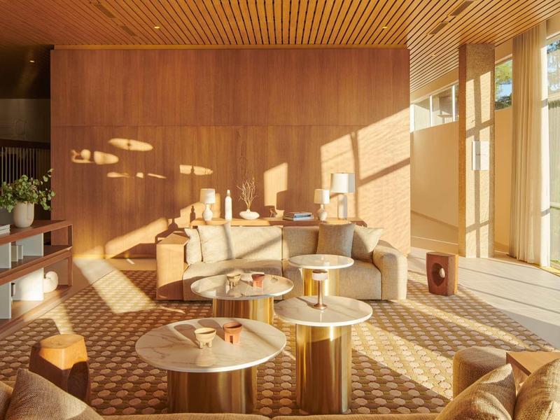 Pohodlná hotelová lounge s pohodlnými pohovkami, kulatými stolky a teplým dřevěným dekorem.