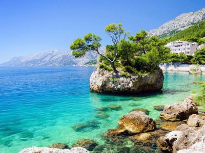 Agua turquesa clara, costa rocosa y una roca con árboles junto al mar bajo un cielo azul.