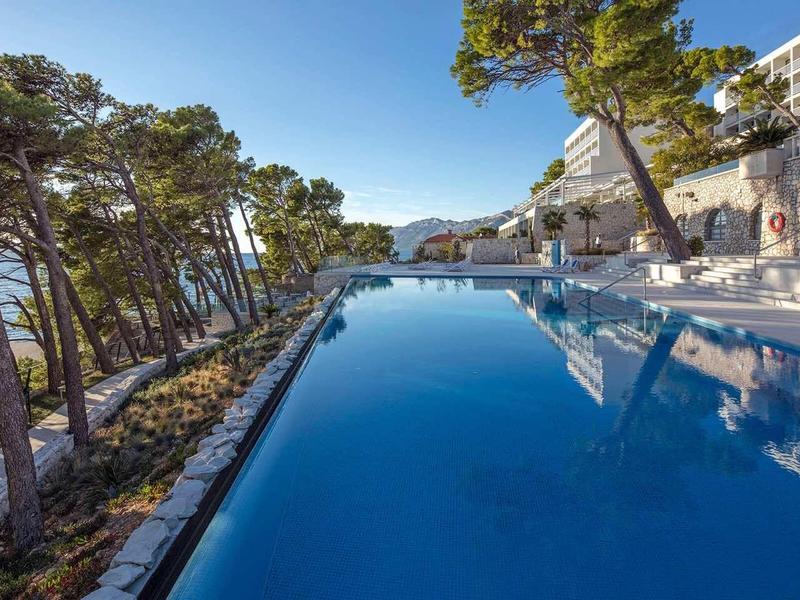 Infinity zwembad met uitzicht op de zee omgeven door dennenbomen op een zonnige dag.