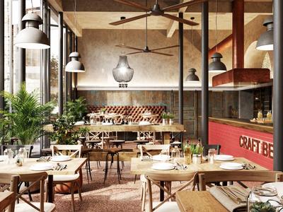 Modern restaurant met houten meubels, grote ramen en planten in een lichte, luchtige ruimte.