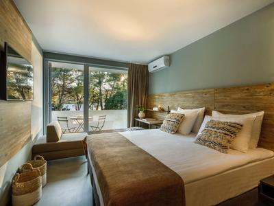 Habitación de hotel moderna con cama doble, detalles de madera y ventanas grandes con vista al verde.