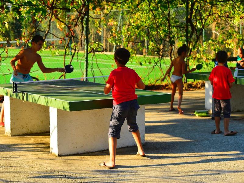Kinder spielen draußen Tischtennis auf einem grünen Tisch in sonnigem, bewaldetem Park.