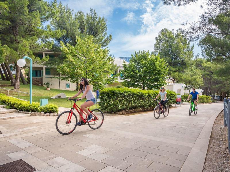 Tre persone pedalano su un sentiero lastricato circondato dal verde in una giornata di sole.