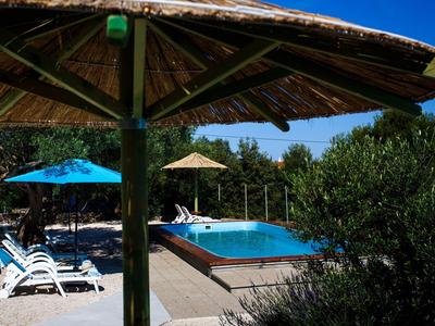 Zwembad met ligstoelen en parasols in een tuin onder een blauwe lucht