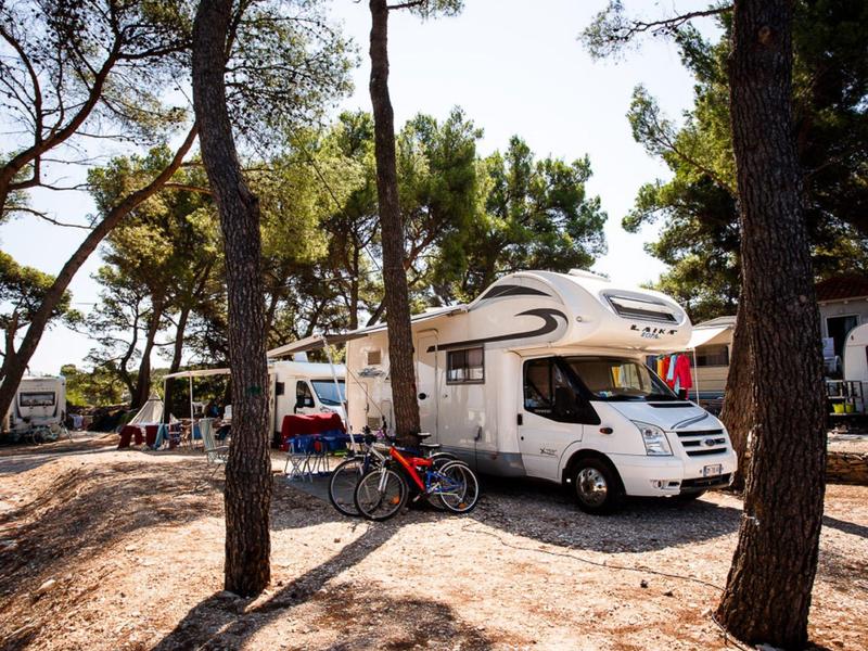 Camping-car sous des pins dans un camping boisé ensoleillé avec des motos à côté.