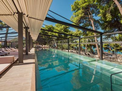 Piscina lunga e stretta con lettini e alberi, circondata da parapetti in vetro e soffitto in legno.