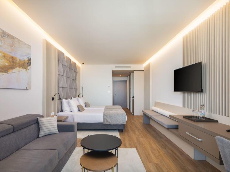 Modernes Hotelzimmer mit Doppelbett, grauer Couch, Wandbild, TV und Holzboden.