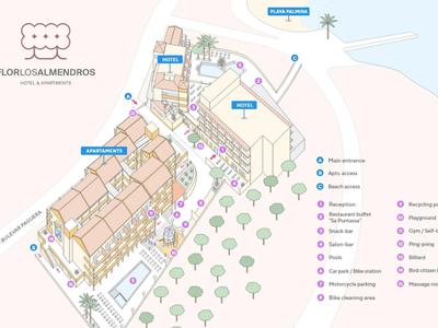 Overview map of Flor Los Almendros hotel complex with buildings, beach, and facilities