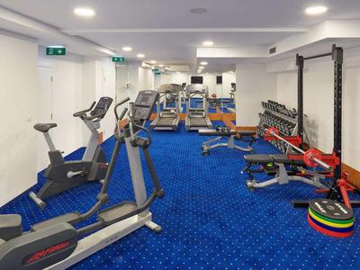 Moderner Fitnessraum mit Trainingsgeräten und Hanteln auf blauem Teppichboden.