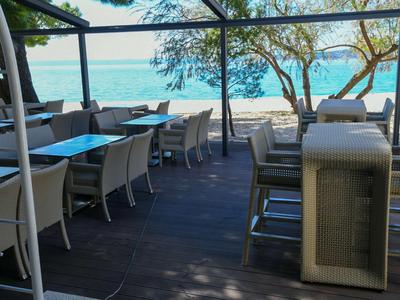 Outdoor restaurant area with tables and chairs overlooking the sea and trees.