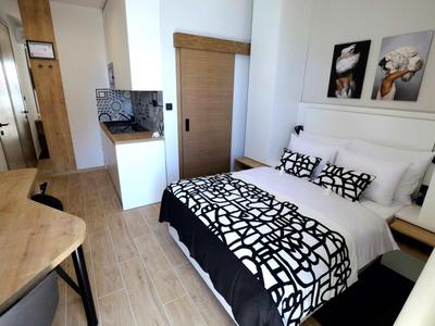 Camera d'hotel moderna con letto matrimoniale, dettagli in legno e angolo cottura sullo sfondo.