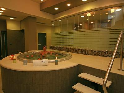 Area interna con una vasca idromassaggio rotonda, gradini ed elementi decorativi.