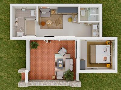 Floor plan of an apartment with bedroom, living room, bathroom, and outdoor terrace.