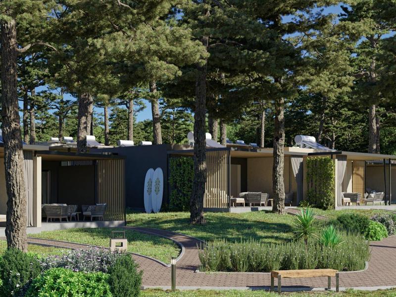 Modern bungalows in a wooded campsite with green areas and seating.