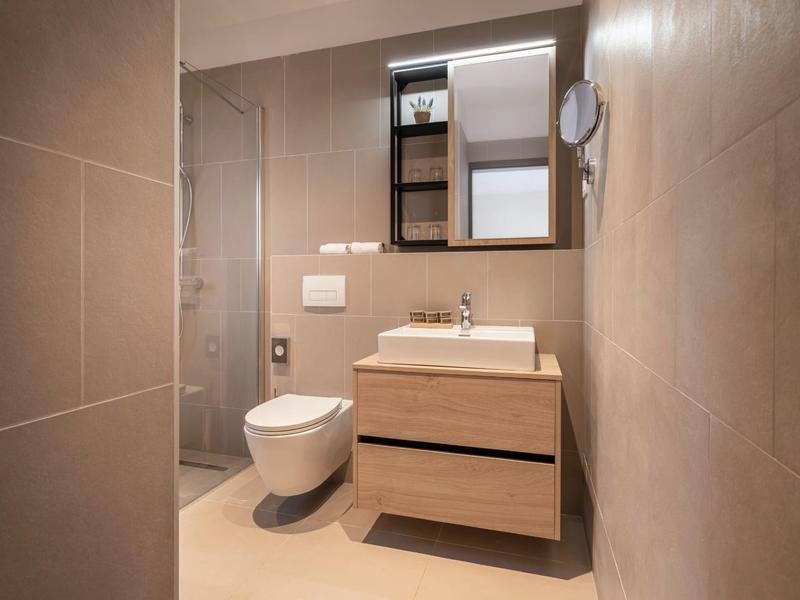Compact bathroom with modern toilet, wooden vanity, and large mirror.