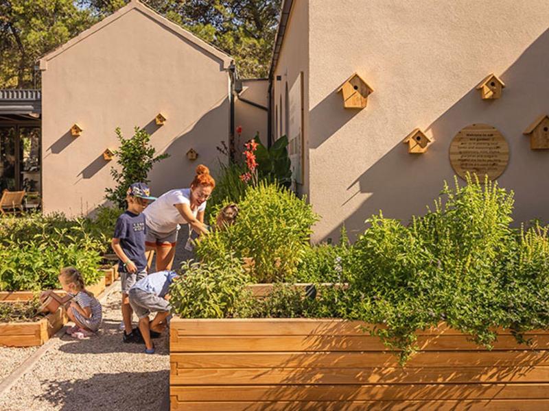 Family with two children in a garden with raised beds in front of a house with birdhouses.