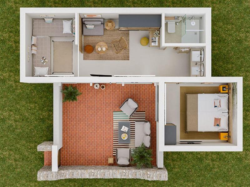 Floor plan of an apartment with bedroom, living room, bathroom, and outdoor terrace.