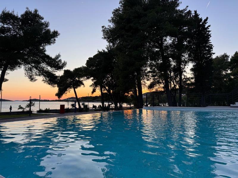 Basen o zmierzchu z drzewami i zachodem słońca nad wodą w tle.