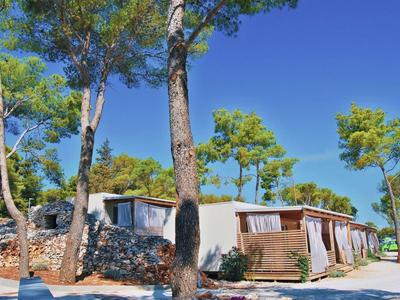 Modern vakantiehuis met terras omgeven door bomen onder een heldere blauwe lucht.