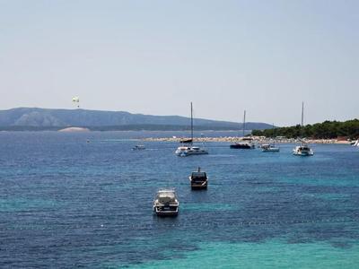 Klares blaues Meer mit mehreren Booten vor einer bewaldeten Küste unter hellem Himmel.