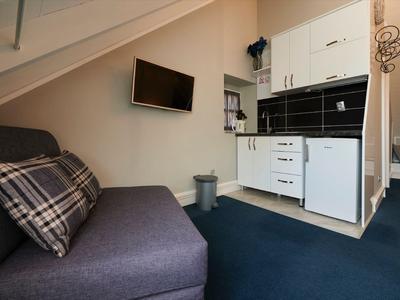 Kleines Hotelzimmer mit Sofa, flachem Fernseher und kompakter Küchenzeile mit Kühlschrank.