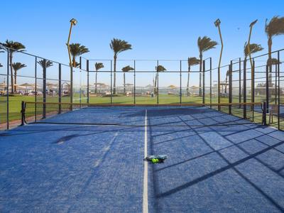 Blaue Paddle-Tennis-Platz mit Netz und Palmen im Hintergrund bei sonnigem Wetter