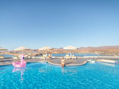 Großer Pool mit blauem Wasser, rosa Flamingo und Sonnenschirmen, im Hintergrund Berge.