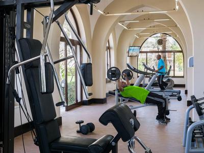 Innenraum eines modernen Fitnessraums in einem Hotel mit Trainingsgeräten und großer Fensterfront.