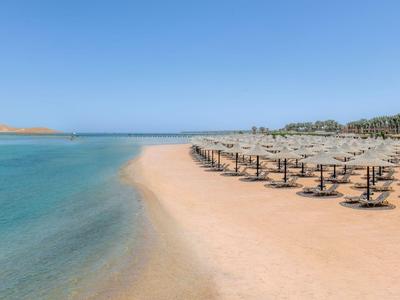 Strand mit ruhigem blauem Wasser und Reihen von Sonnenschirmen unter klarem Himmel.
