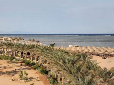 Breiter Sandstrand mit Palmen und Reihen von Sonnenschirmen neben einem Hotelgebäude am Meer.