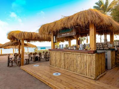 Offene Strandbar mit Strohdach und Holztheke neben Sand und Palmen bei blauem Himmel.