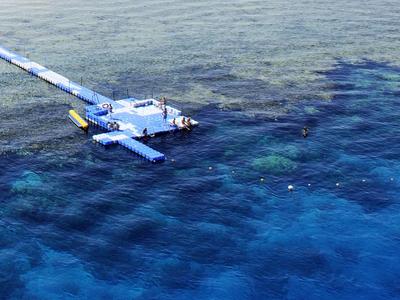 Pontile galleggiante blu su acqua di mare limpida blu-verde con fondale visibile.