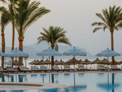 Area piscina con ombrelloni blu, lettini e palme in condizioni di tempo calmo.