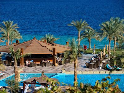 Blick auf einen Pool mit Palmen und einem Strandbarbereich am Meer.