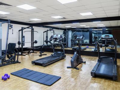 Moderner Fitnessraum mit Laufbändern, Ergometer, Hanteln und Matte auf Holzboden.